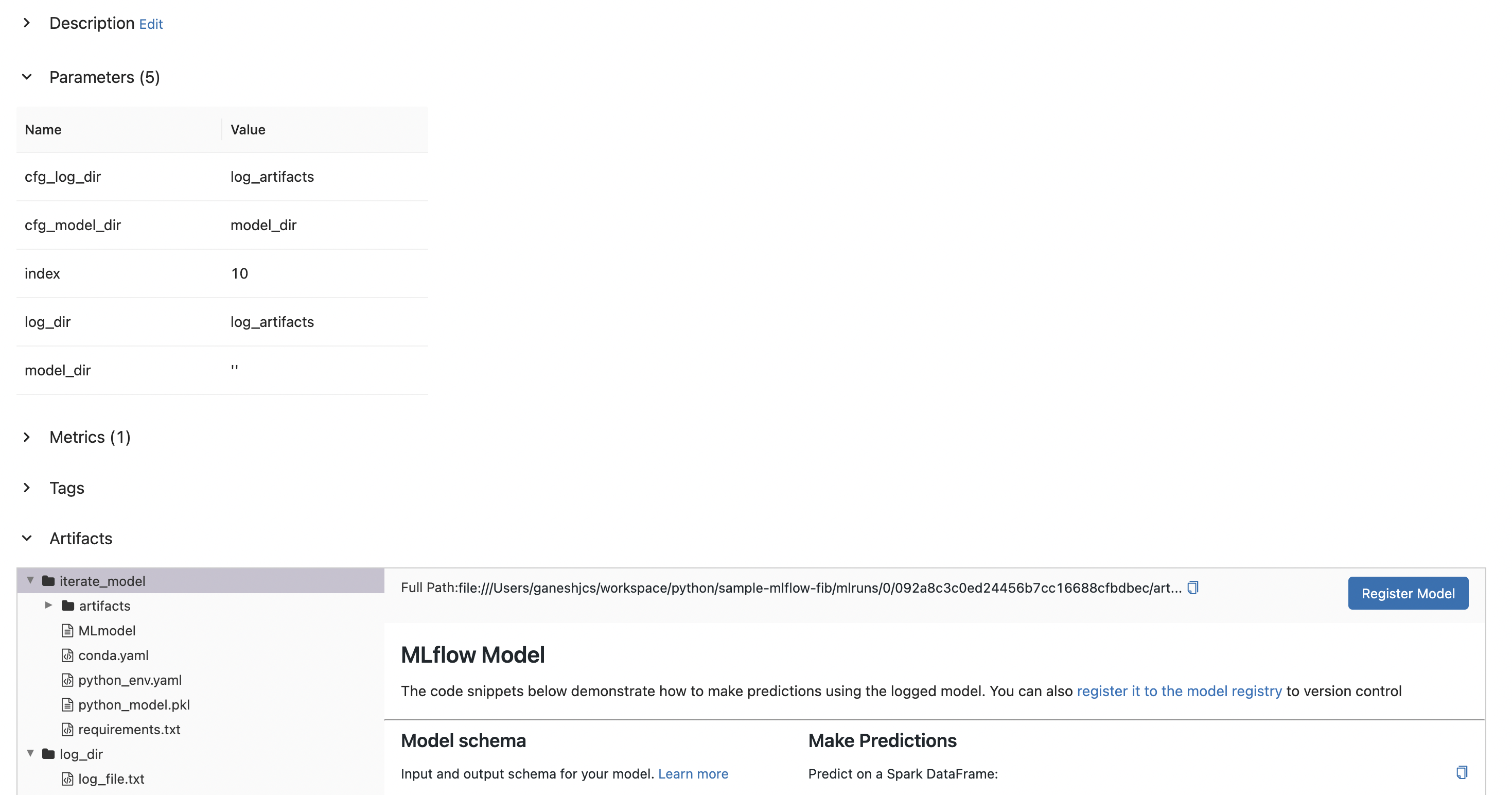 Mlflow UI showing logged artifacts and model