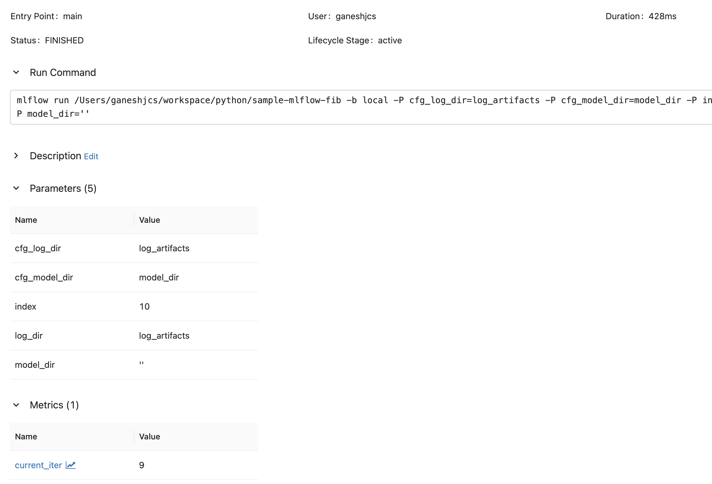 Mlflow UI showing more parameters and metric