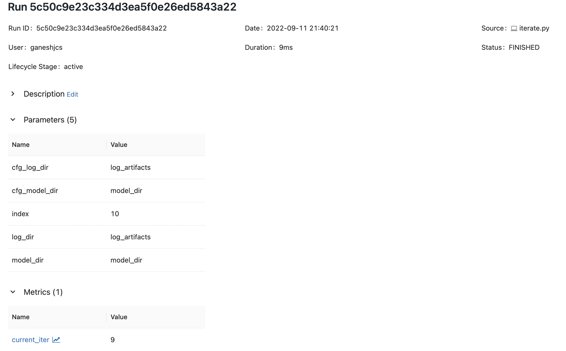 Mlflow UI showing more parameters and metric for run triggered using python command