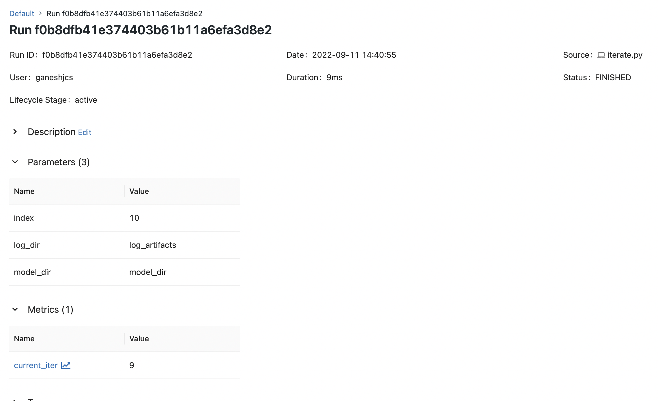 Mlflow UI showing parameters and metrics logged from iterate.py using fluent API