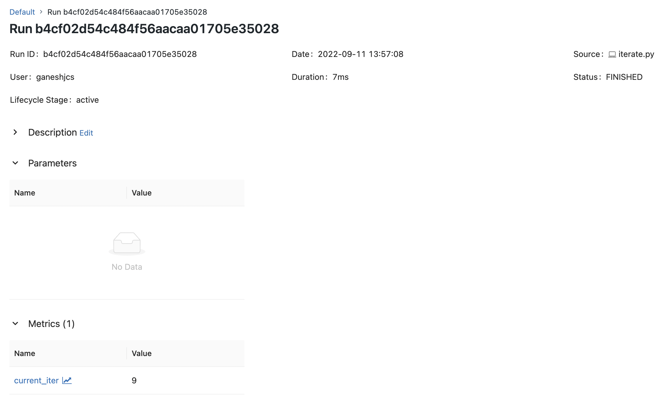 Mlflow UI showing logged metric but missing parameters