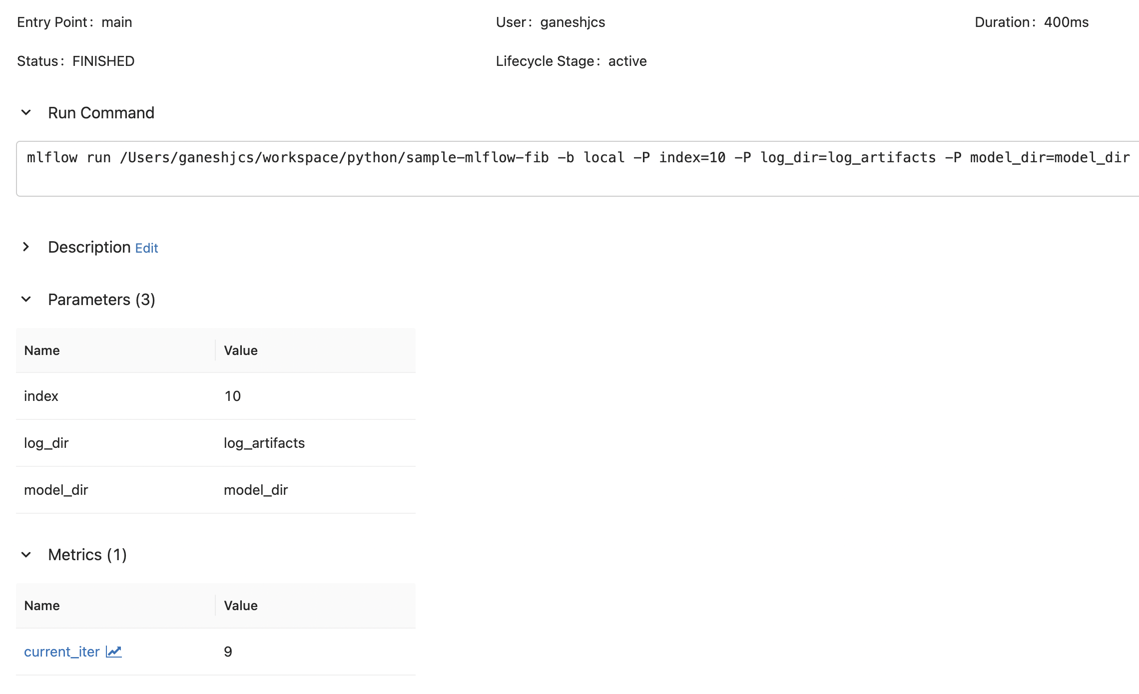 Mlflow UI showing parameters and metric